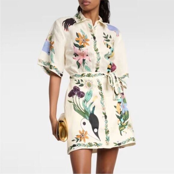 Alemais Meagan Printed Button Front Mini Dress AU 8 US 4 Linen Resortwear - Picture 1 of 13